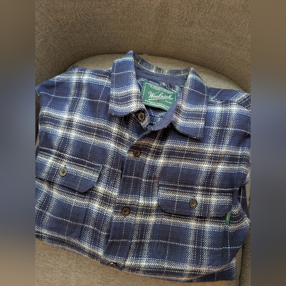 Woolrich Shirt Adult Large Blue Plaid Flannel Long Sleeve Shacket Pockets Mens